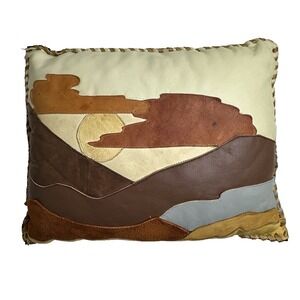 patchwork Leather Pillow Sunset Mountains Cabin Decor Accent Whipstitch Edge